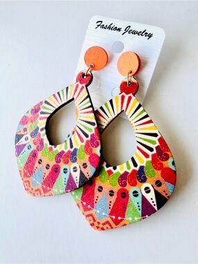 Colorful Boho Wooden Teardrop Earrings